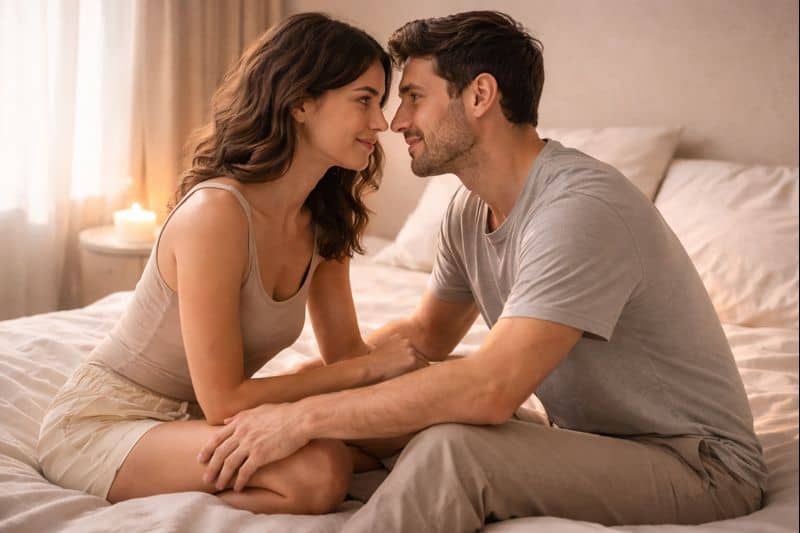 A couple sits close together on a bed, facing each other and holding hands, with soft lighting and a candle in the background-setting a gentle mood perfect for exploring a beginner’s guide to kink.
