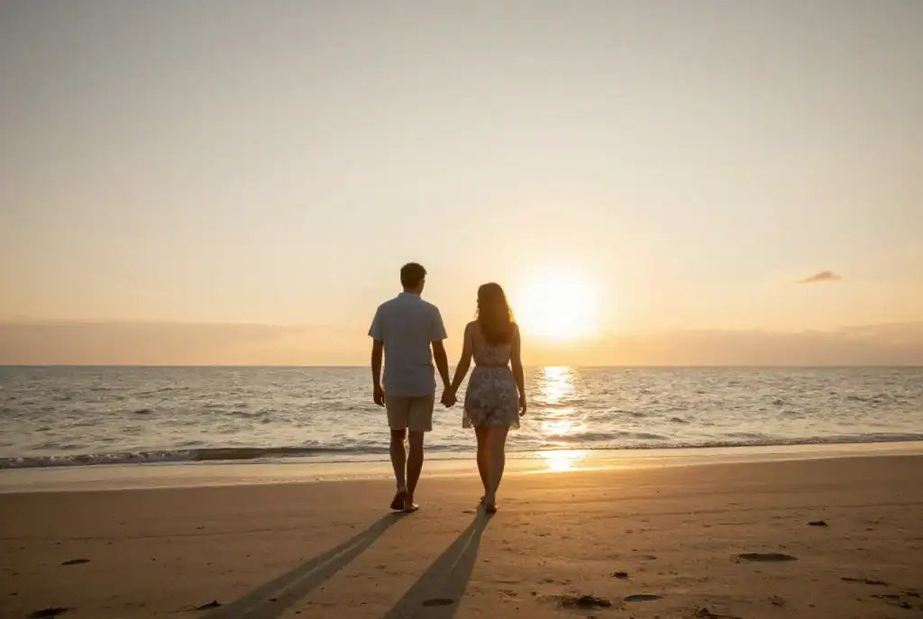 Two people holding hands walk along the beach toward the ocean at sunset, casting long shadows on the sand-a gentle reminder to build trust before opening your relationship.