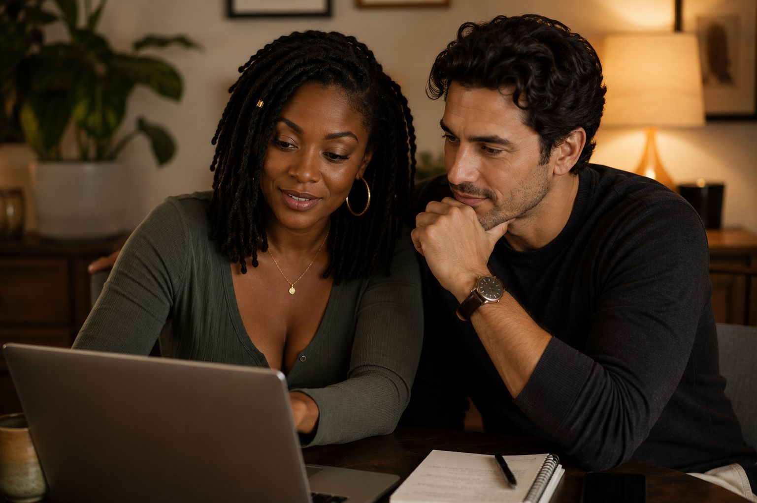 A couple in a relaxed, connected moment at home, illustrating the trust and mutual care that characterize healthy cuckolding relationships