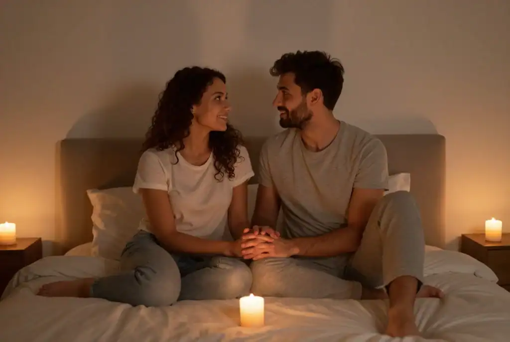 A man and woman sit on a bed holding hands, facing each other and smiling, surrounded by lit candles on bedside tables-a warm scene that reflects emotional safety for couples.