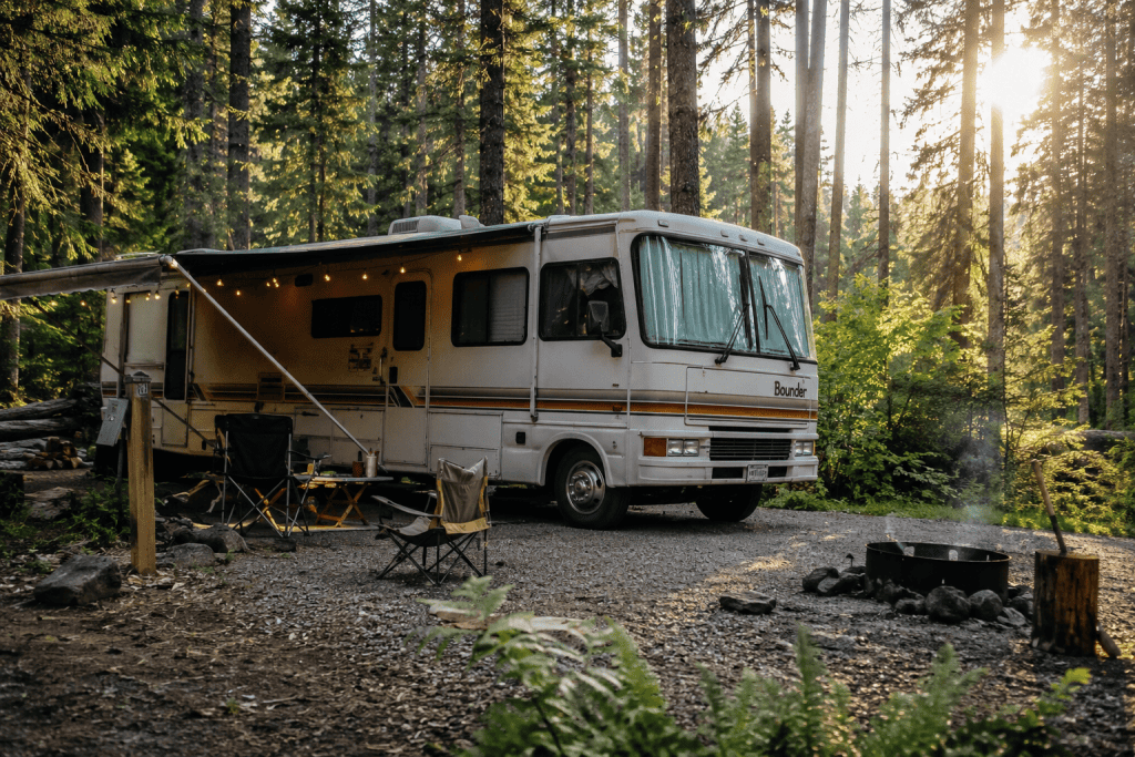 A motorhome parked at a forest campsite with chairs, a fire pit, and trees surrounding the area in sunlight-an inviting spot for couples guide to Naked RVing or an adventurous nudist road trip.