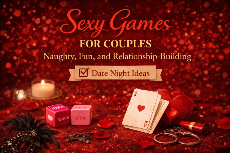 A romantic-themed setup with candles, playing cards, dice, heart-shaped items, a mask, and handcuffs-perfect for sexy games for couples and unique date night ideas.