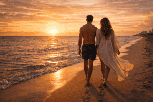 A man and woman walk barefoot along the beach at sunset near a renowned swinger hotel Florida, with waves gently touching the shore and the sky filled with orange and pink hues.