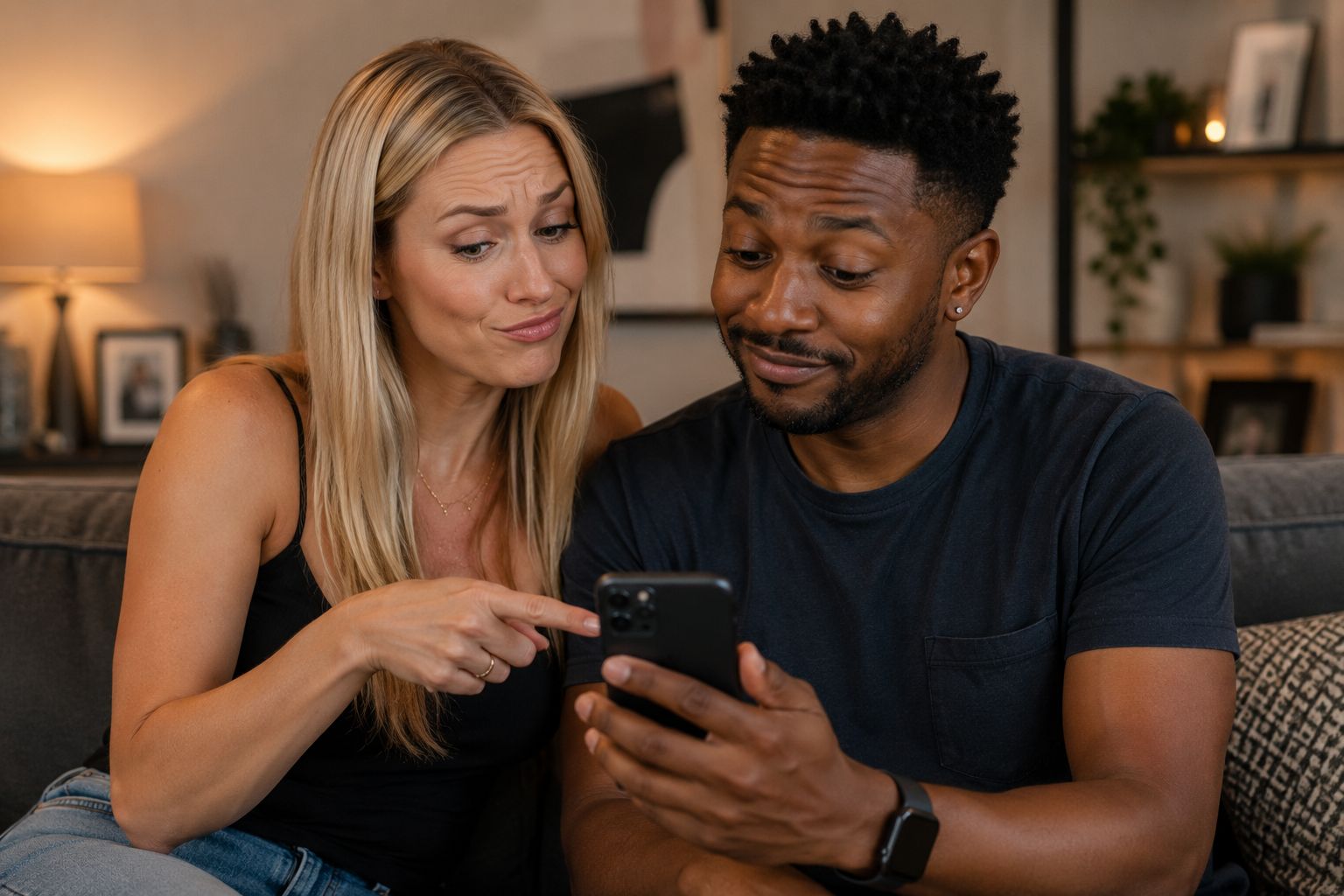 A couple on a laptop fixing their lifestyle dating profile to avoid common swinger app mistakes and improve engagement
